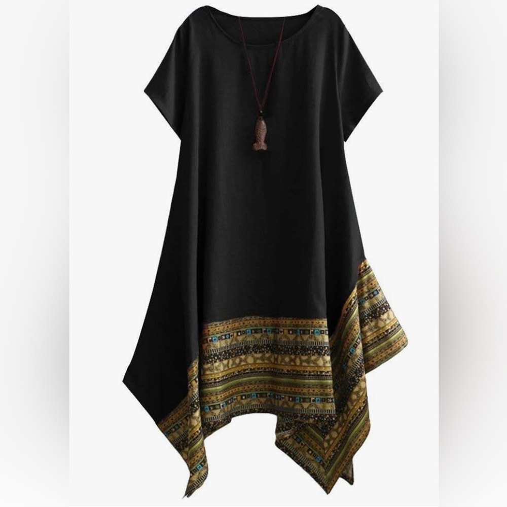 Black Boho Hem Tunic Top with Gold Pattern
